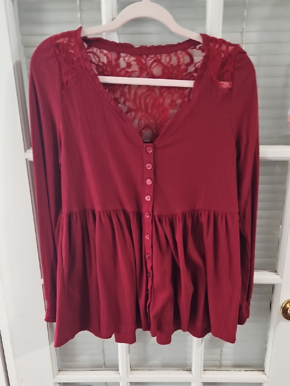 TORRID Burgundy Lace Yoke Button-Front Peplum Top